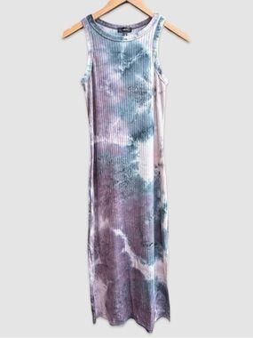 Aqua Tie Dye Ribbed Sleeveless Midi Dress in Purple/Navy/Light Pink | Small